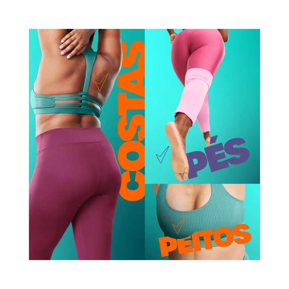 Imagem mostrando aplicação do desodorante Rexona All Body Deo Wild Rose em costas, pés e peito